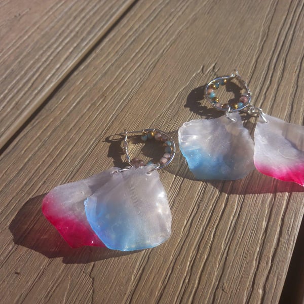 Pearl Blue and Pink Petal Hoop Earrings