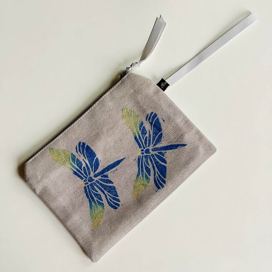 Dragonfly Print Cotton Zip-Up Pouch; Makeup Bag; Hand printed Purse 