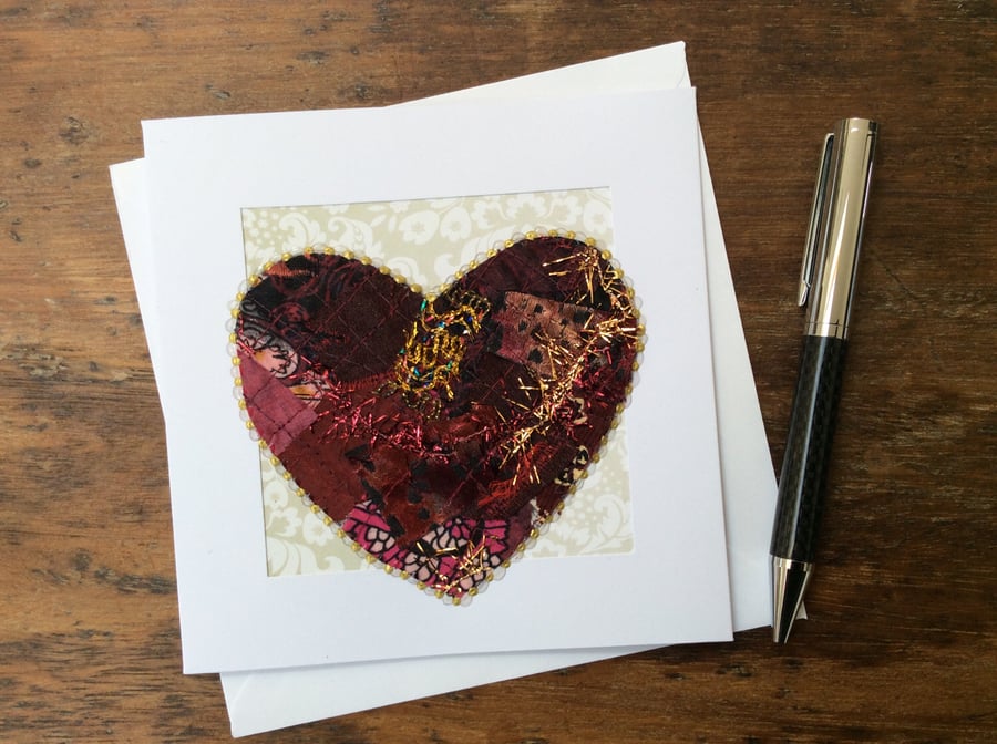 Embroidered up-cycled fabric heart Art Card.