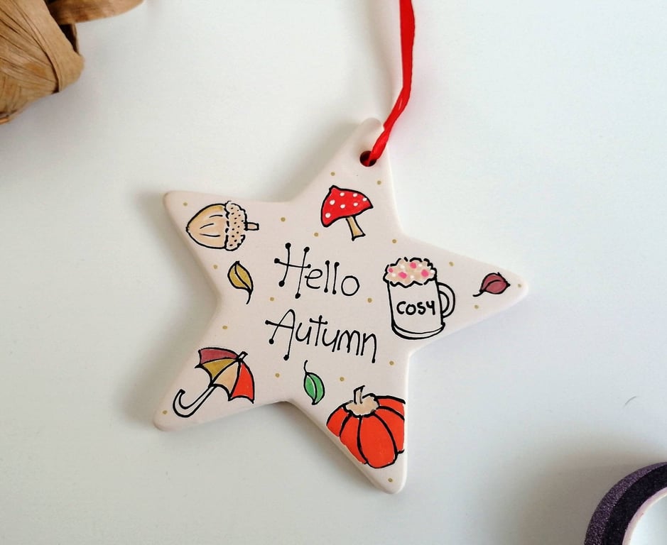 Hello Autumn ceramic decoration, heart ceramic, star ceramic, Autumn decor