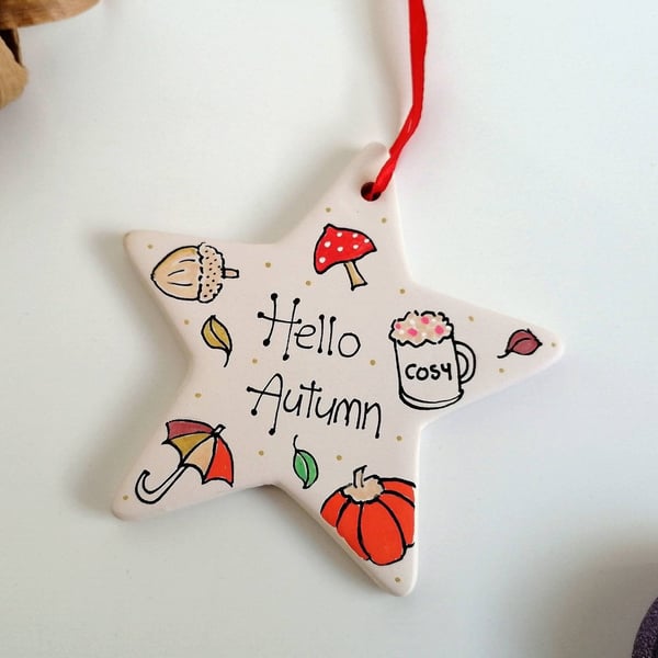Hello Autumn ceramic decoration, heart ceramic, star ceramic, Autumn decor
