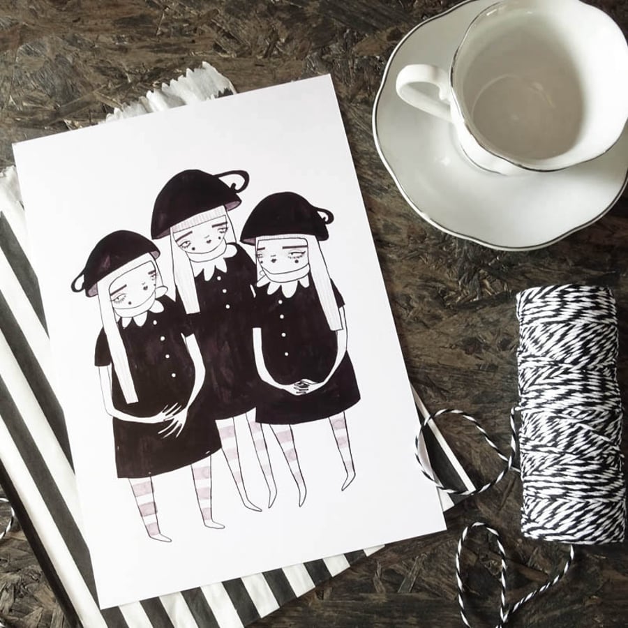 Tea cup girls- Small Poster Print