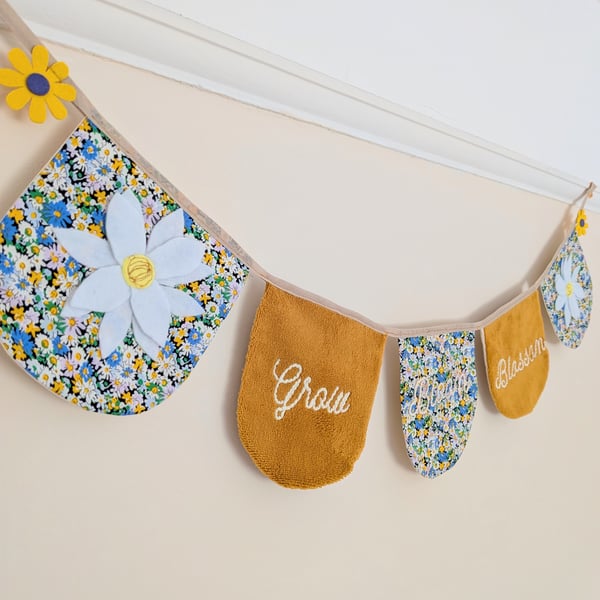 Handmade Floral Nursery Bunting – "Grow" Fabric Garland, Perfect New Baby Gift