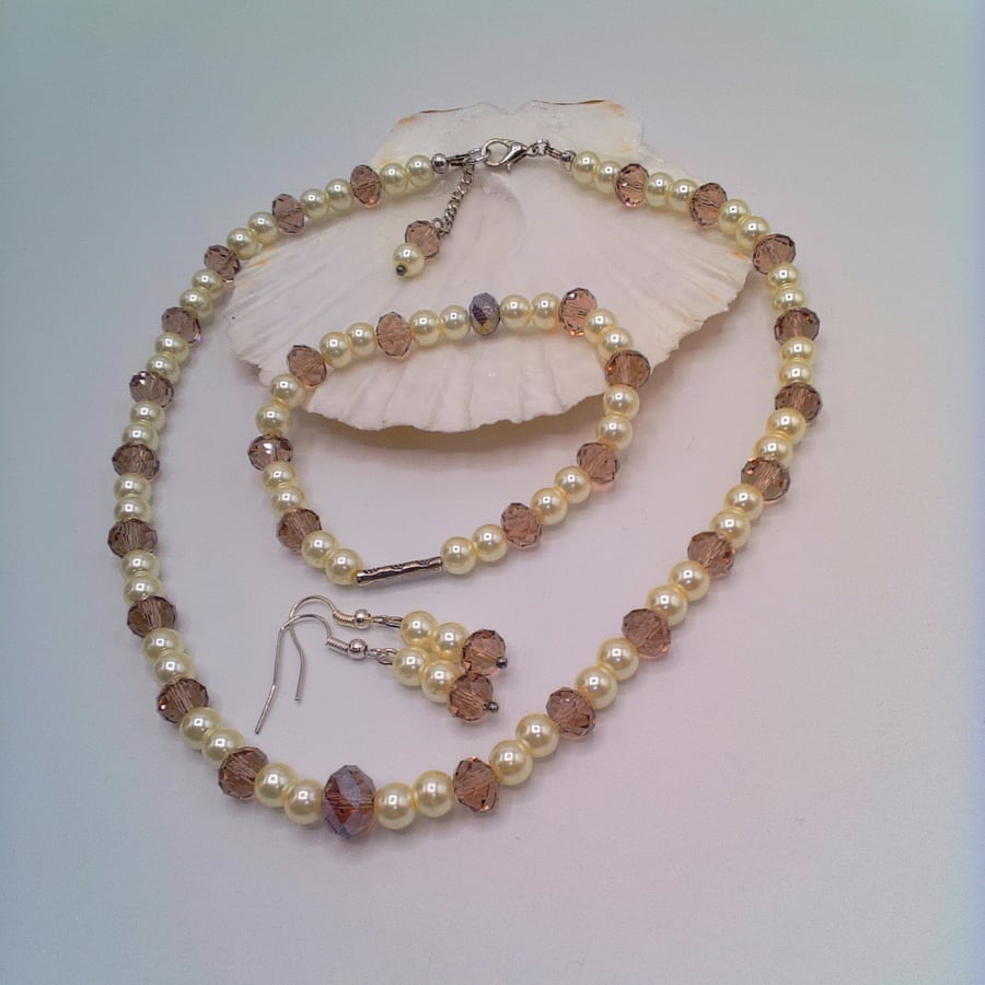 Mauve Crystals and Cream Pearl Jewellery Set, Wedding Jewellery, Gift for Her