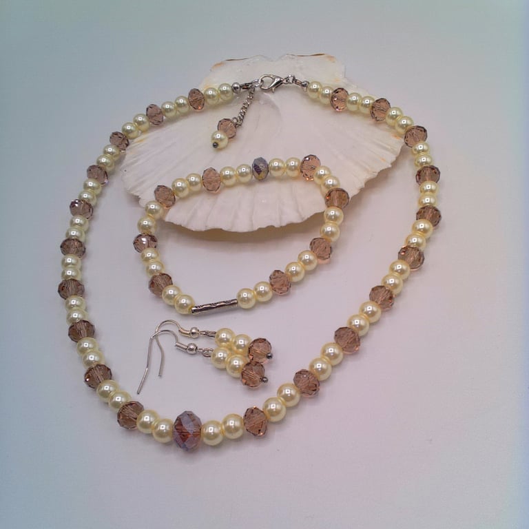 Mauve Crystals and Cream Pearl Jewellery Set, Wedding Jewellery, Gift for Her