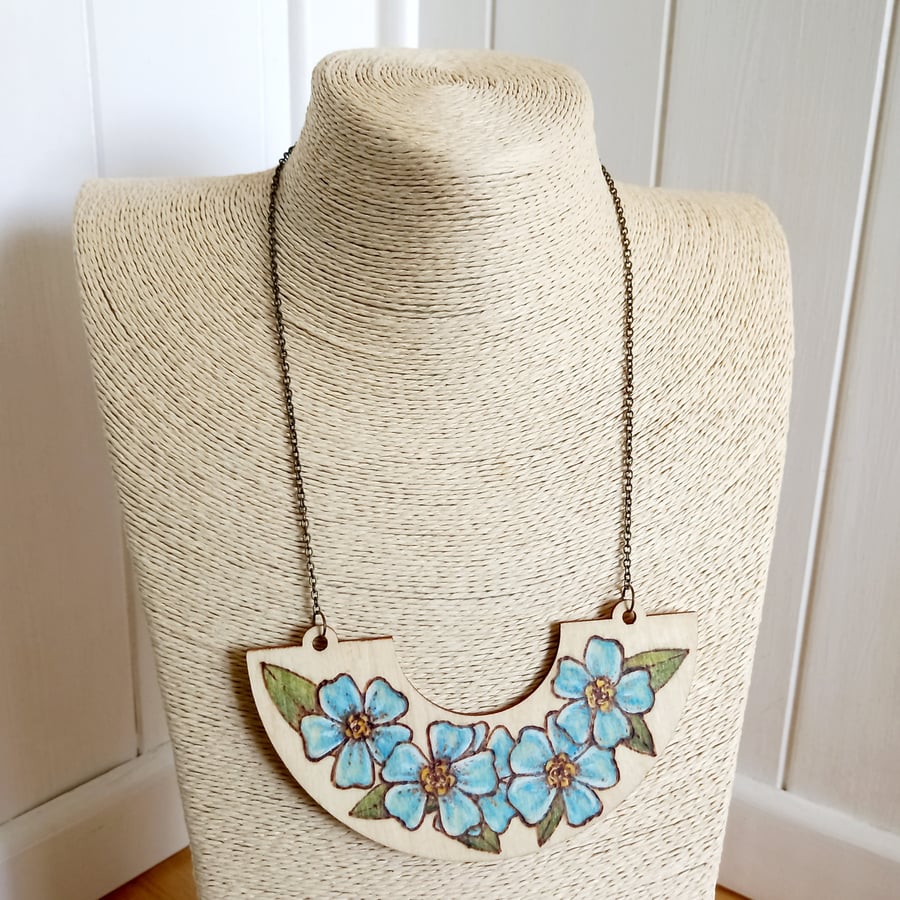 Pyrography wooden forget-me-not flowers pendant