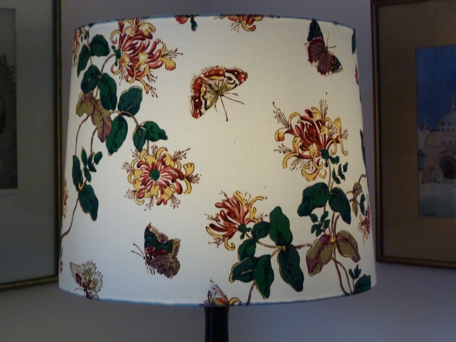 Beautiful 'Honeysuckle and Butterflies' standard lampshade vintage glazed cotton