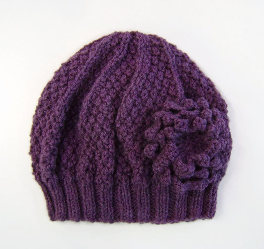 Beanie Hat in Heather Purple With Detachable Flower Brooch Hand Knitted 