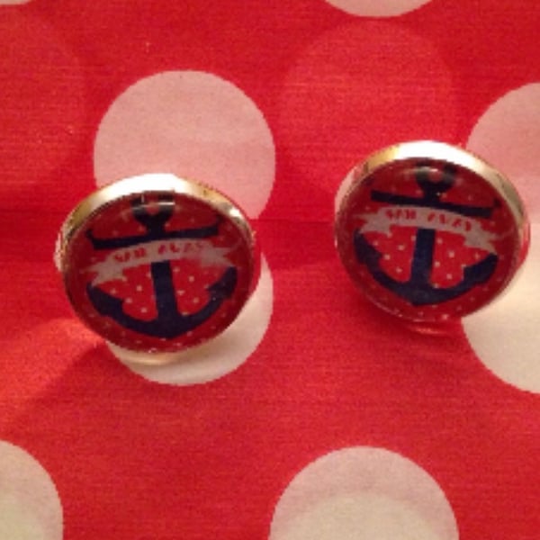 Retro Red Blue Anchor Sailor jerry Silver Stud Earrings nautical 12mm Rockabilly