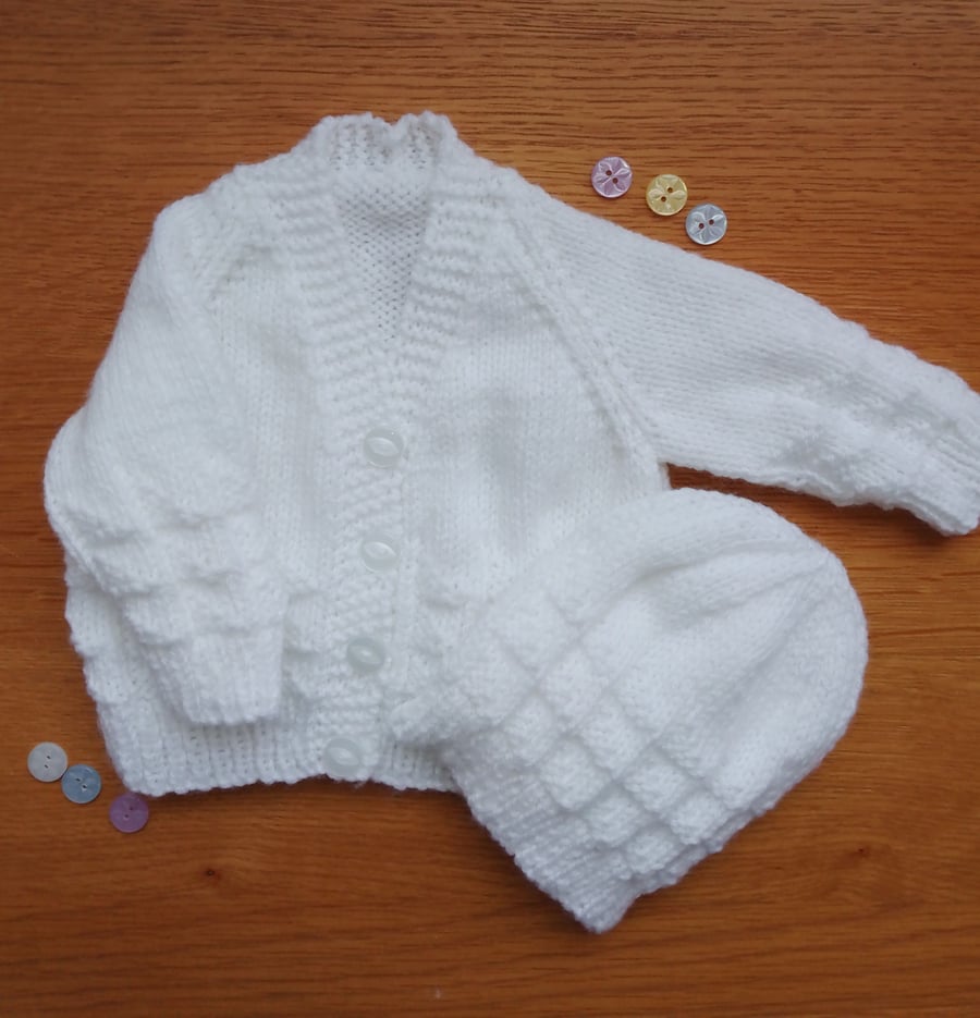 Beautiful Hand Knitted Cardigan and Hat Set