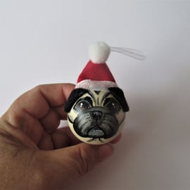 Pug Dog Christmas Tree Bauble Hanging Decoration Santa Hat