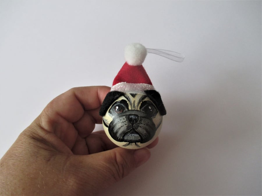 Pug Dog Christmas Tree Bauble Hanging Decoration Santa Hat