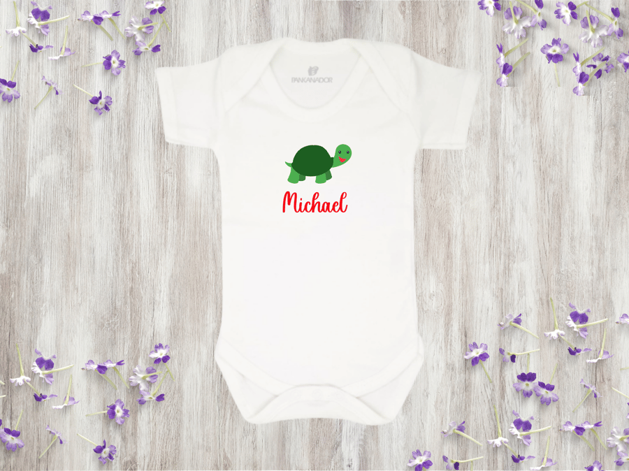 Cute Turtle Baby Bodysuit Babygrow, Personalised Animal Baby Gift With Name