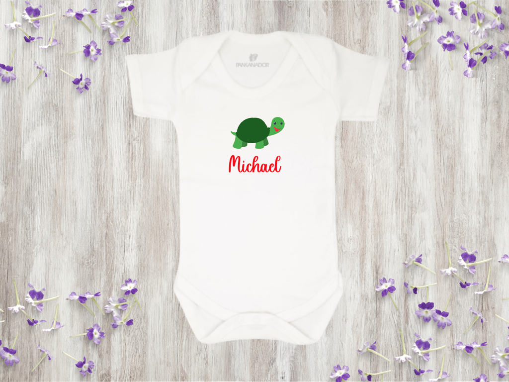 Cute Turtle Baby Bodysuit Babygrow, Personalised Animal Baby Gift With Name