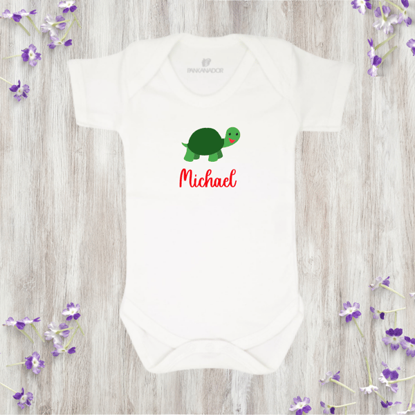 Cute Turtle Baby Bodysuit Babygrow, Personalised Animal Baby Gift With Name