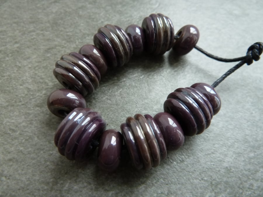 lampwork glass beads, purple silver ribbed set