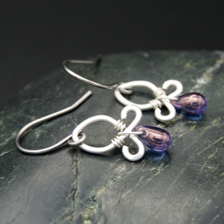 Hammered Sterling Silver Earrings with Purple Lustre Glass Drops