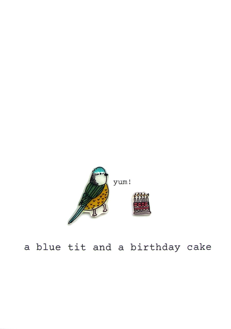 birthday card - a blue tit and a birthday cake 