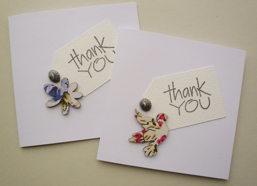 4 Pack Handmade Sea Shell Embellished Bird and Flower Thank You Cards     