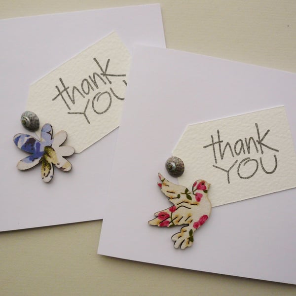 4 Pack Handmade Sea Shell Embellished Bird and Flower Thank You Cards     