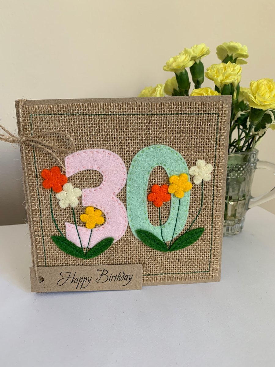 30th Birthday Card. Felt. Handmade Card. Keepsake Card.