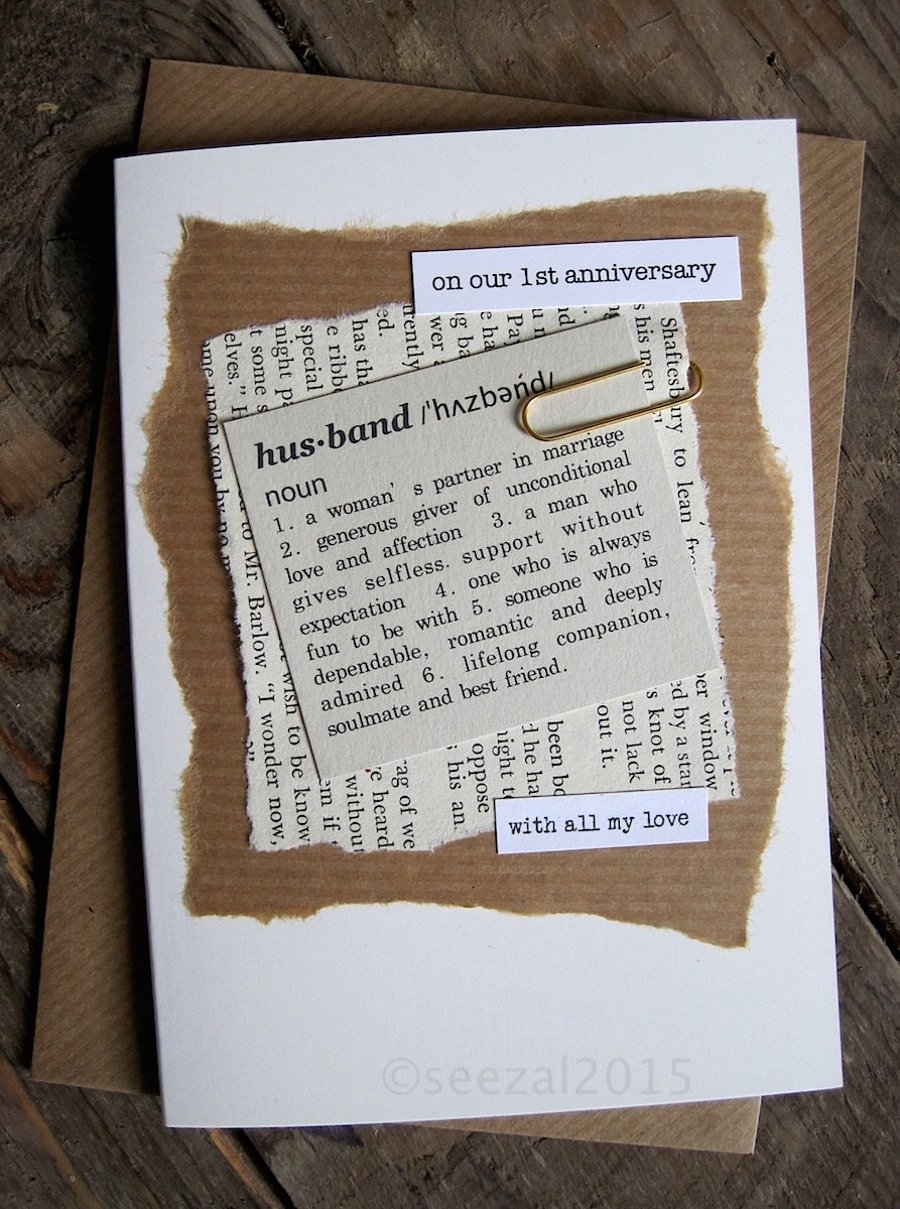 1st Anniversary Wedding Day Card Husband Wife Paper Vintage Book Up-cycled Paper