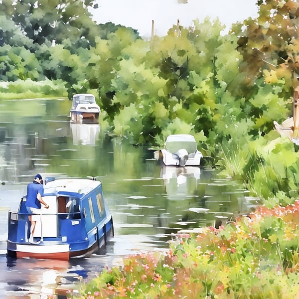Digital Download of Print Watercolour Narrow Boat on the Fens Norfolk