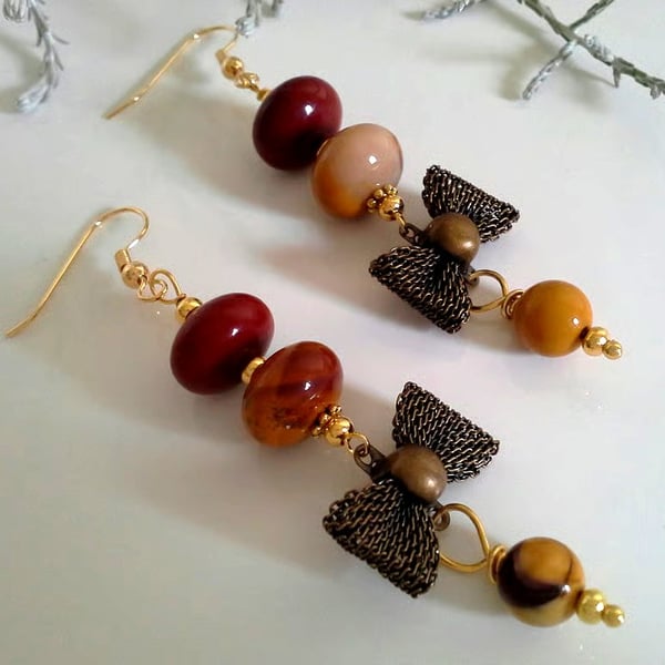 Mookite & Metal Mesh Bow Gold Plated Dangle Earrings