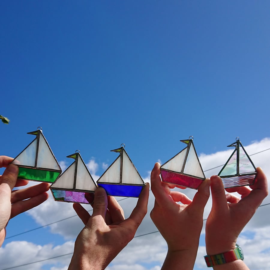 Stained glass tiny sailing boat, copperfoil suncatcher