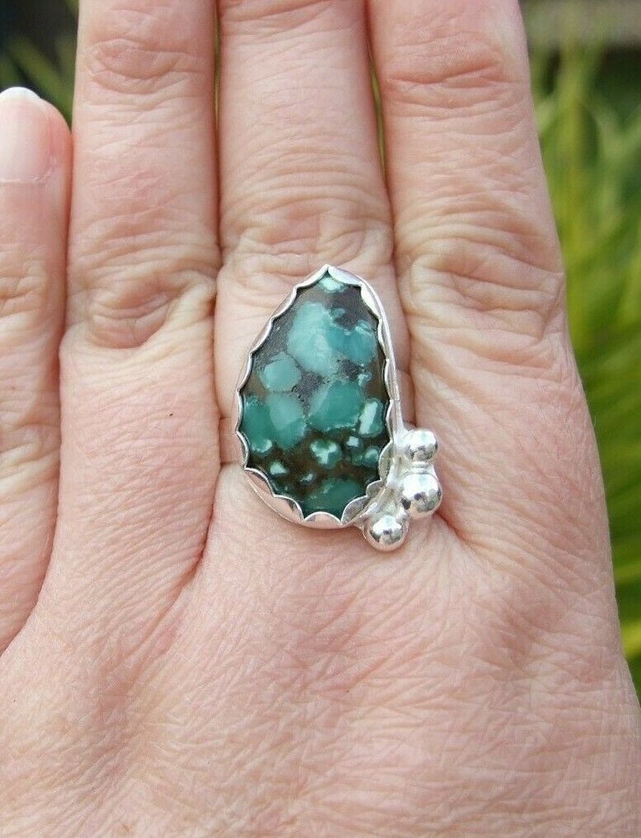 Tibetan Turquoise Ring Adjustable Statement Jewellery Gift Sterling Silver 
