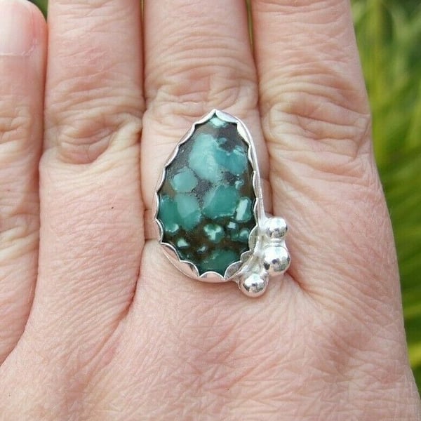 Tibetan Turquoise Ring Adjustable Statement Jewellery Gift Sterling Silver 