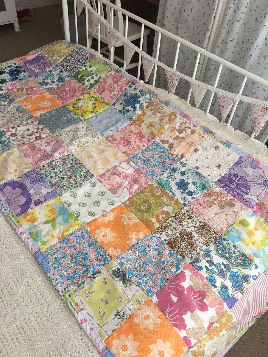 Large patchwork quilt , bed runner in vintage fabrics 