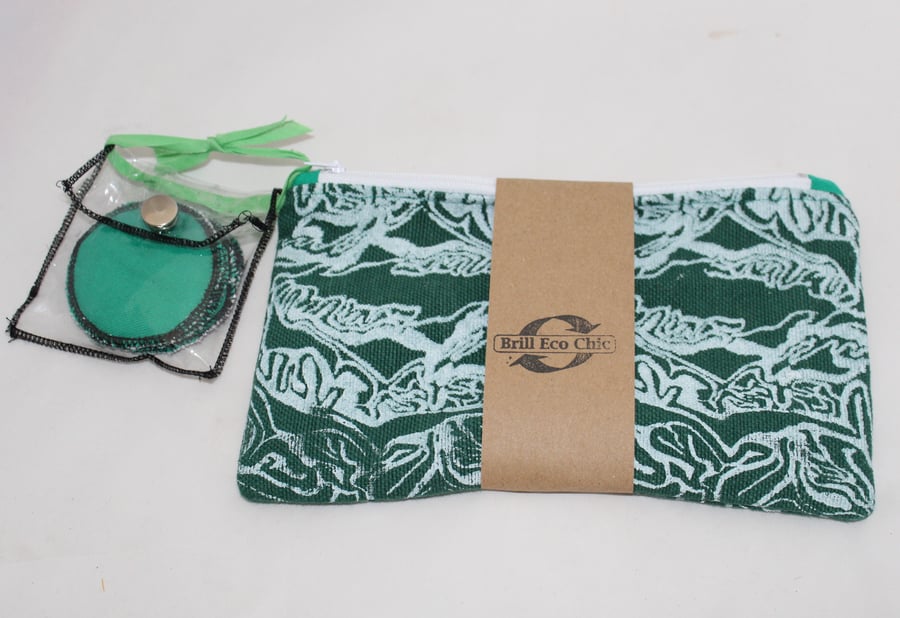 Green makeup bag, Zip up, white abstract hand printed & Eco wipes gift set