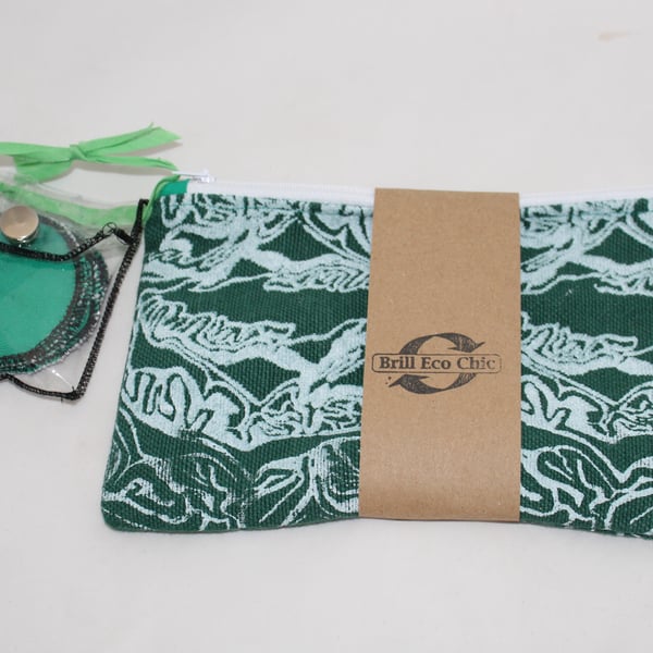 Green makeup bag, Zip up, white abstract hand printed & Eco wipes gift set