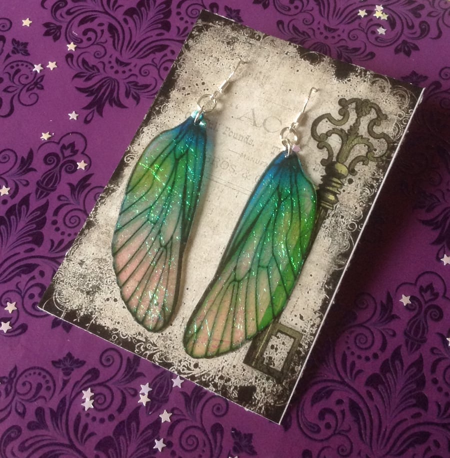 Large Blue and Green Mackintosh Style Fairy Wing Sterling Silver Earrings