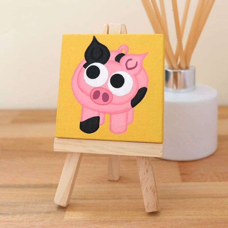 Spotty Pig Mini Painting - original acrylic art of cute farmyard animal
