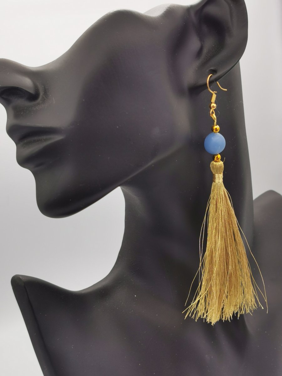  Handmade Blue and Gold Tassel Earrings 