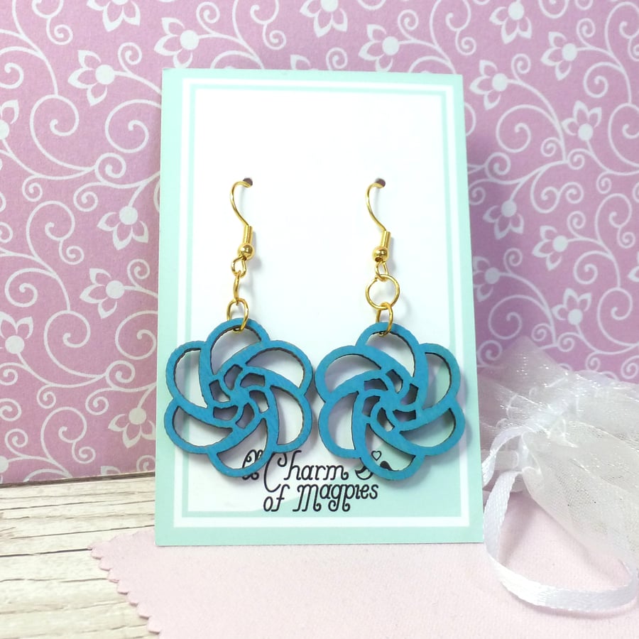 Image of Blue wooden earrings, eco-friendly lightweight wood earrings for women