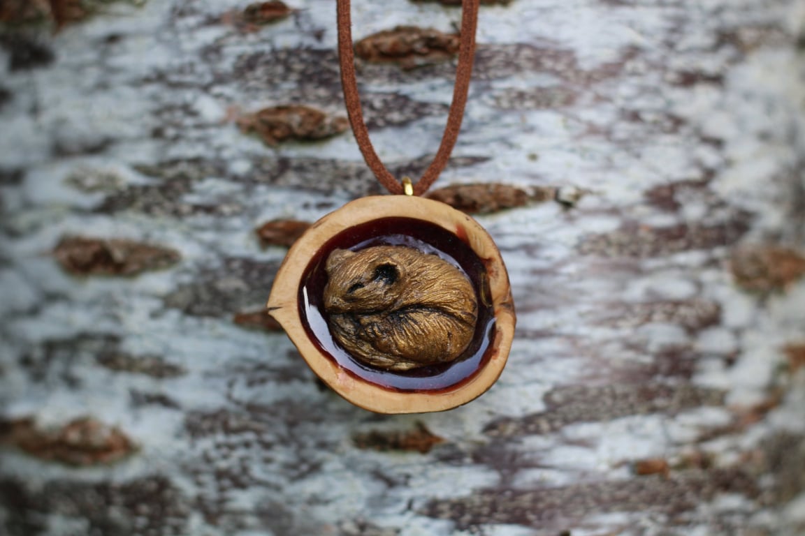 Handmade Dormouse Wildlife Pendant - Cast in Bronze Resin, Polished Walnut Shell