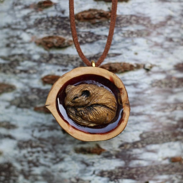 Handmade Dormouse Wildlife Pendant - Cast in Bronze Resin, Polished Walnut Shell