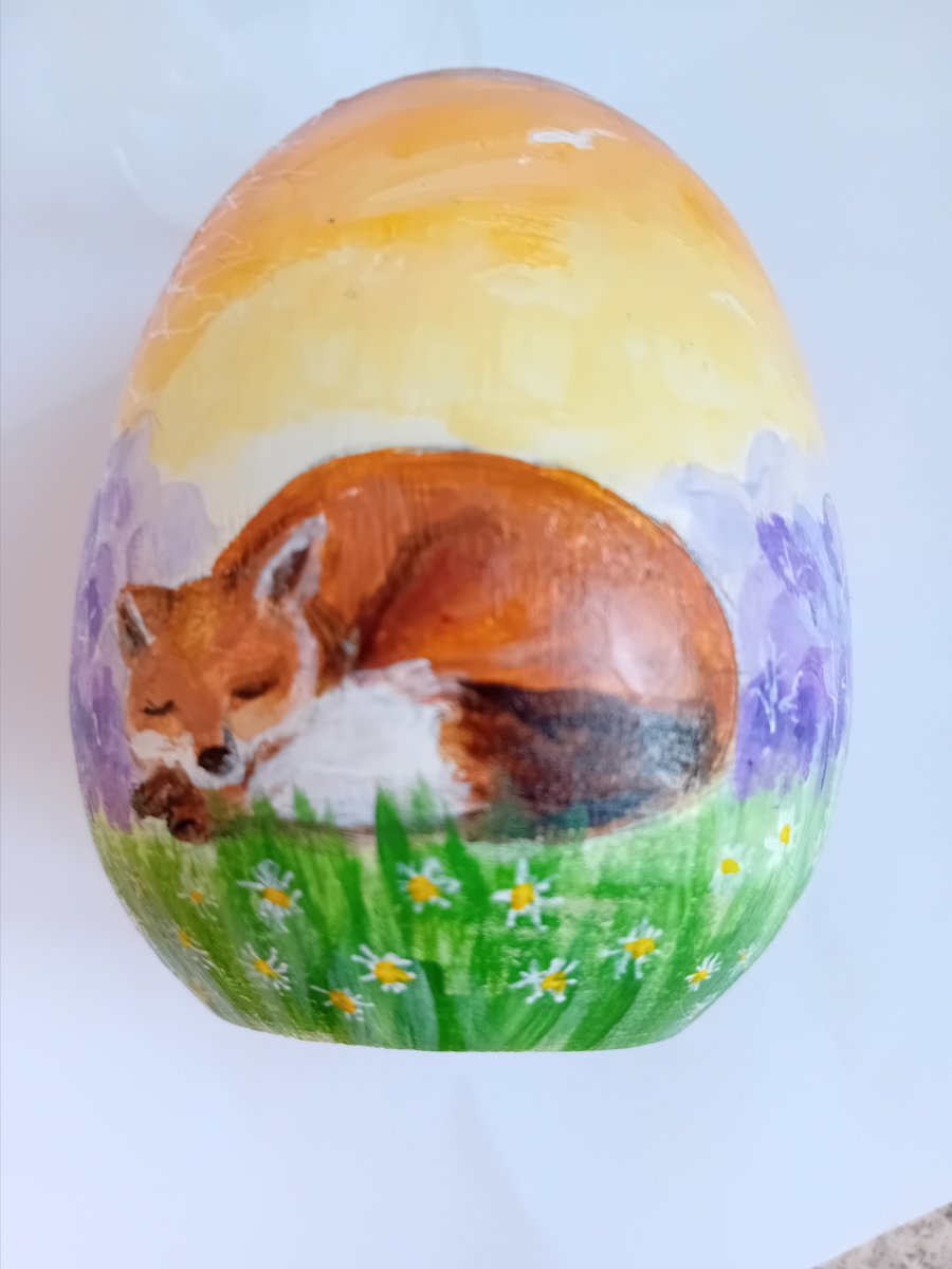 Wooden hand painted  Easter Egg with sleepy hare and Fox 