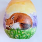 Wooden hand painted  Easter Egg with sleepy hare and Fox 