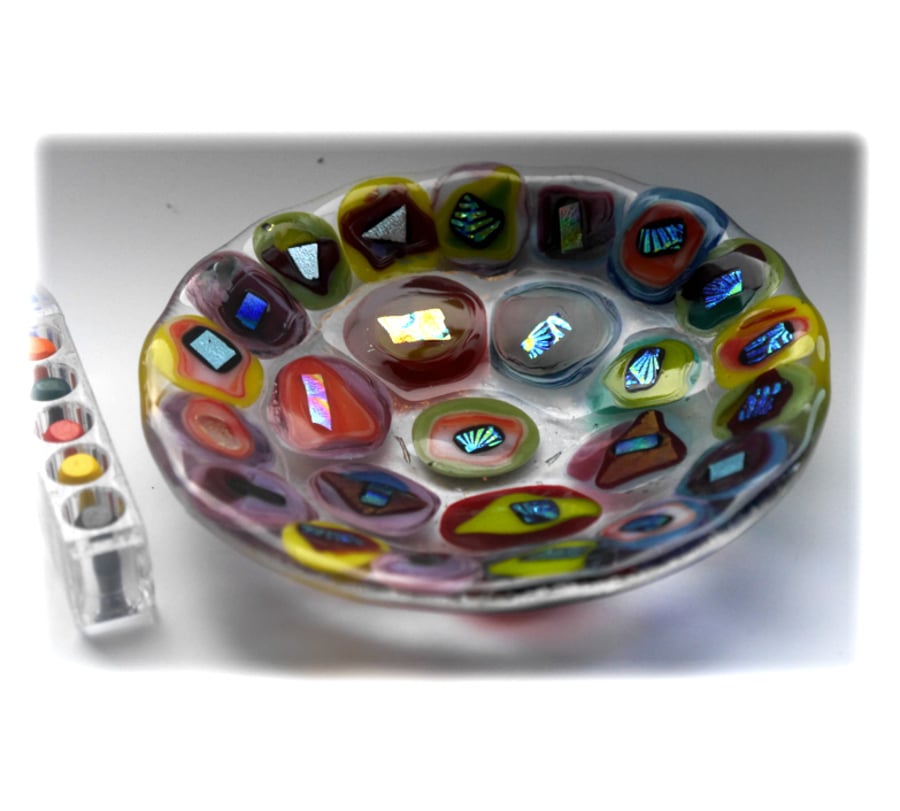 Fused Glass Bowl Round 12cm Rainbow Blobs  Dichroic 022