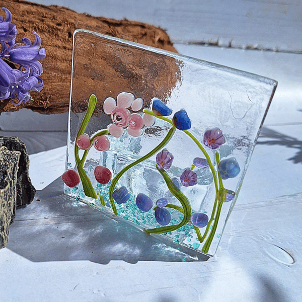 Glass Tealight Holder, Candle Holder, Summer Meadow, Handmade. Gift For Her. 