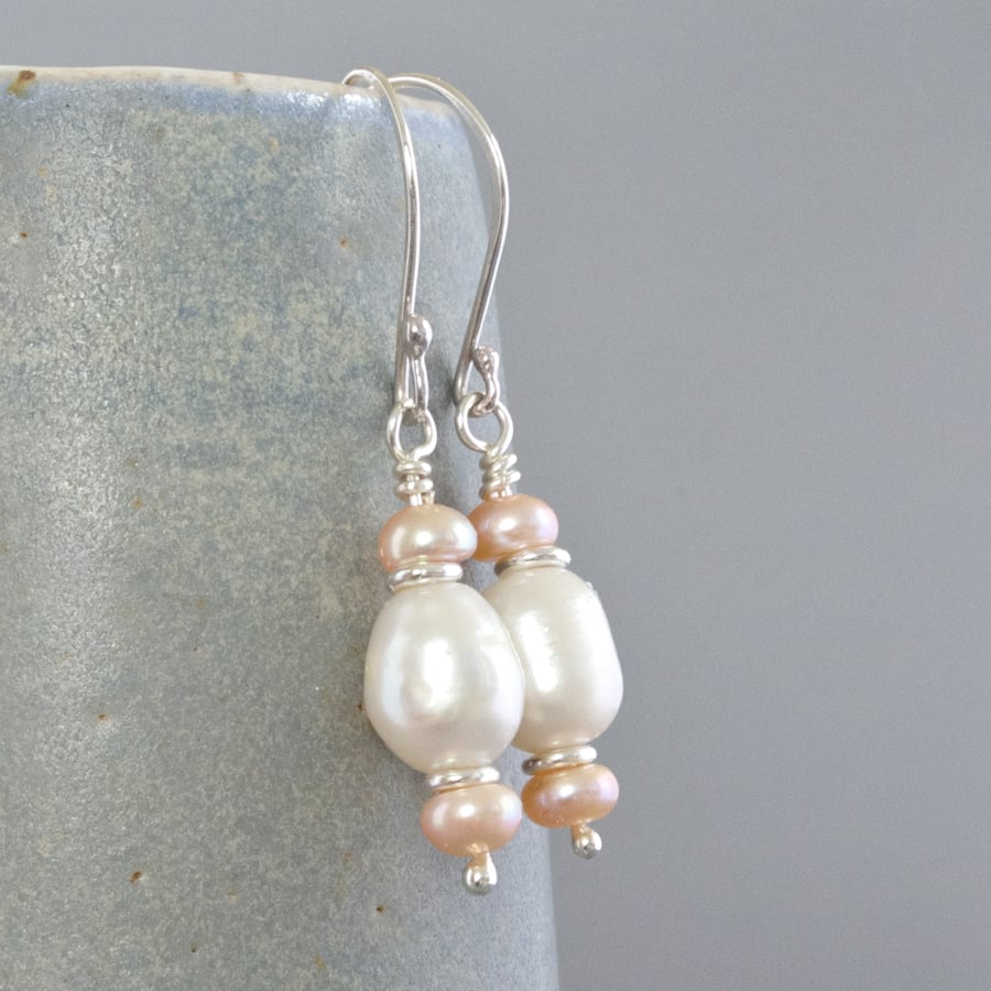 Sterling Silver and White and Peach Freshwater Peart Roman Style Drop Earrings