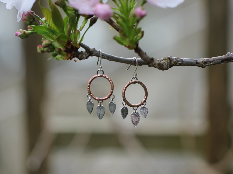 Rustic copper circle earrings with sterling silver leaves - made to order