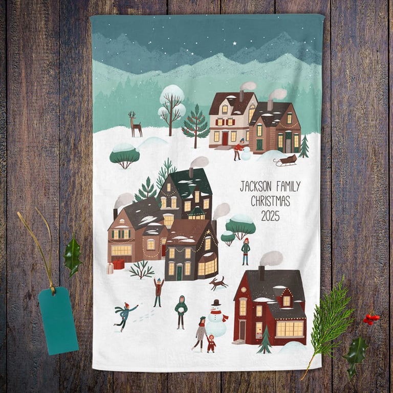 Christmas Village Personalised Christmas Tea Towel - 100% cotton Kitchen Gift