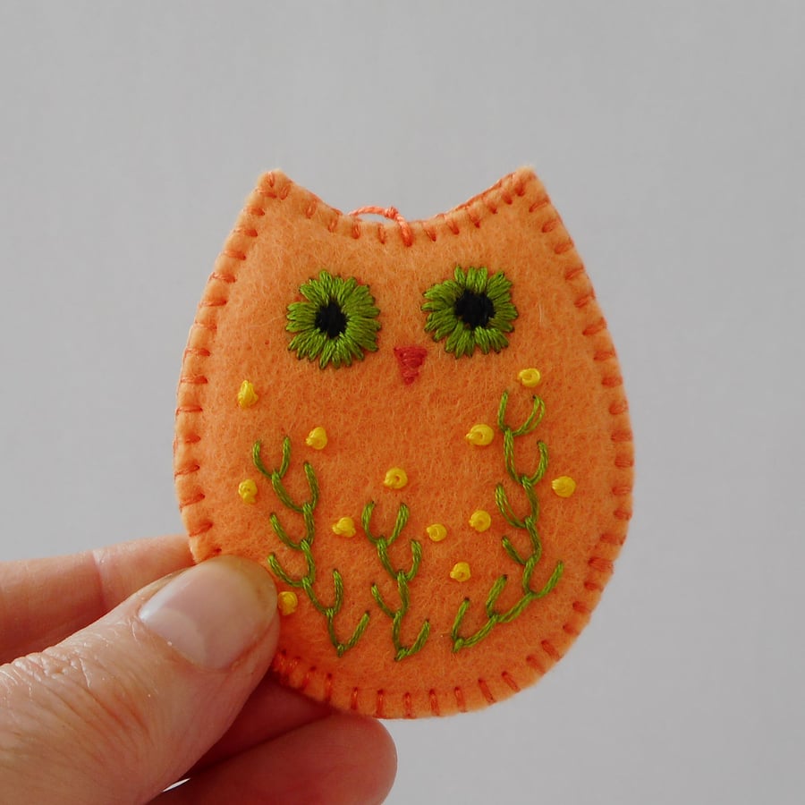 Peach hand embroidered felt owl hanging decoration