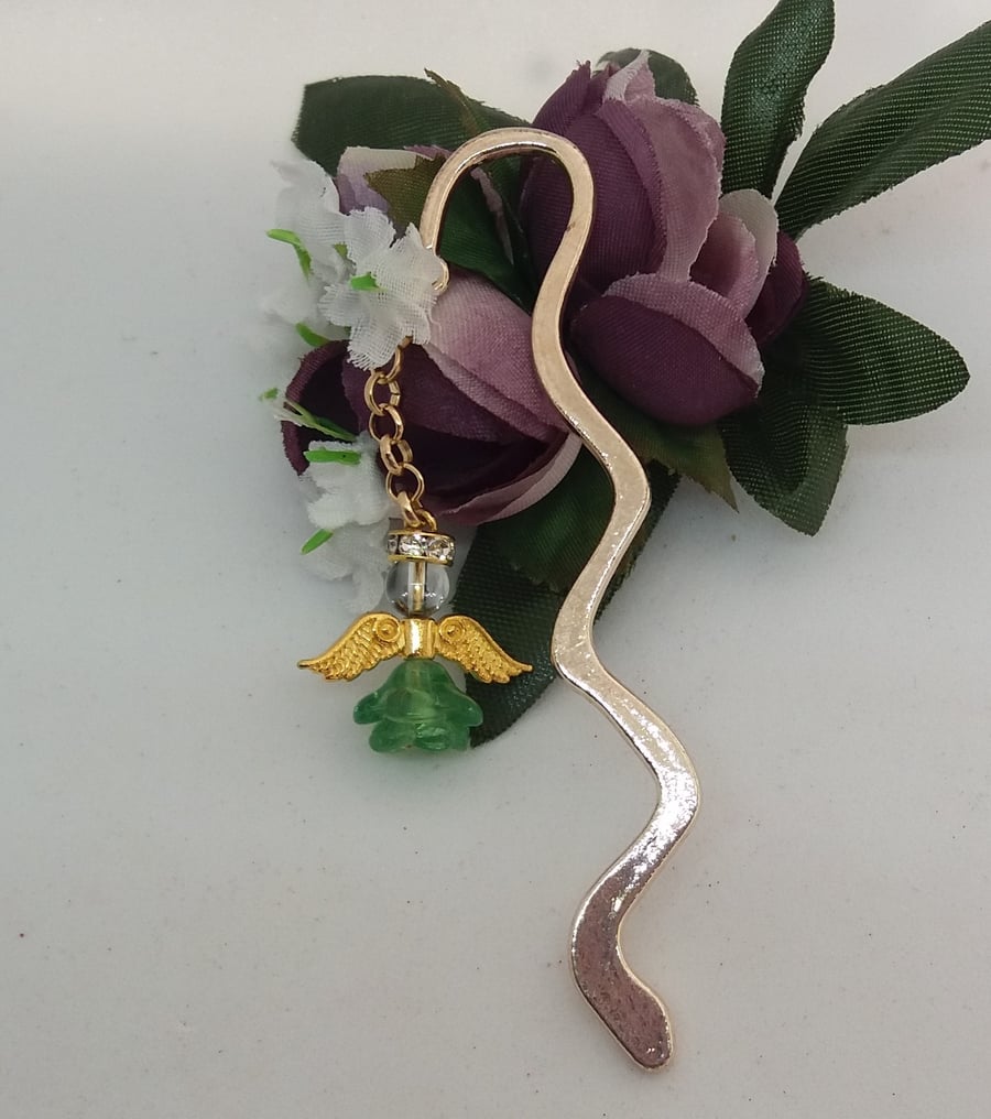 Guardian angel bookmark with green flower bead.