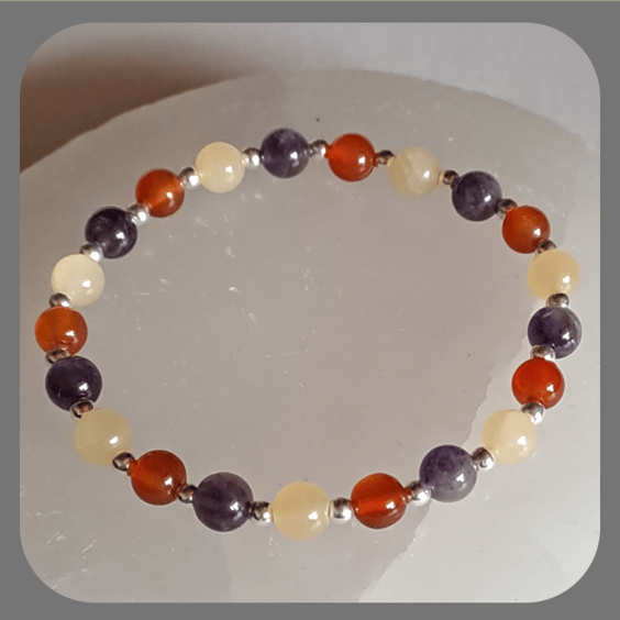 Carnelian, Ambronite, Amethyst  and Sterling Silver bracelet